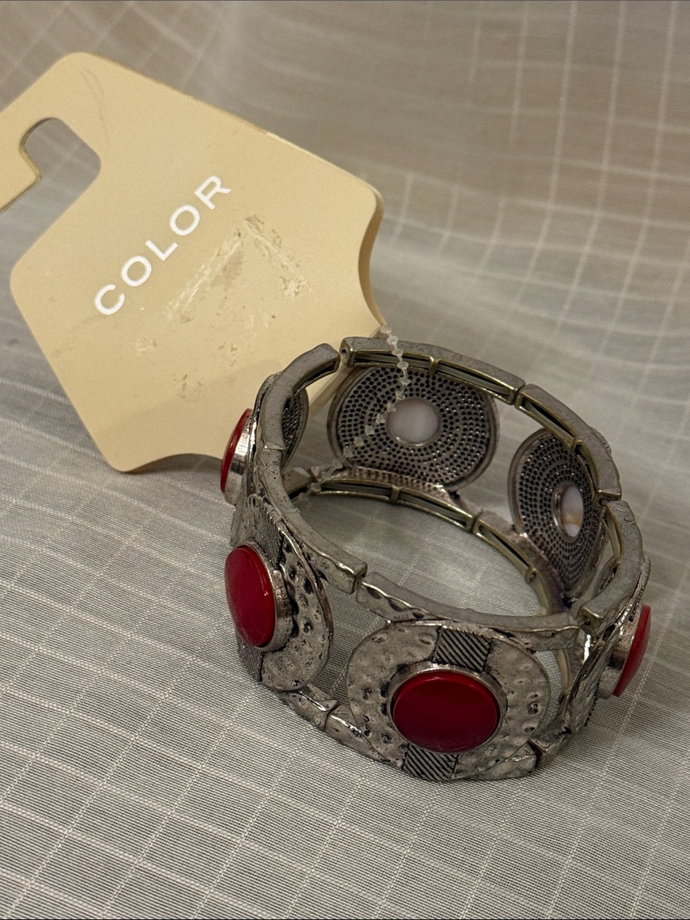 Silver-Tone Hammered Bracelet with Red Accents